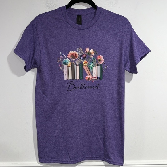 Booktrovert shirt purple short sleeve cotton bookworm floral print - Picture 2 of 4